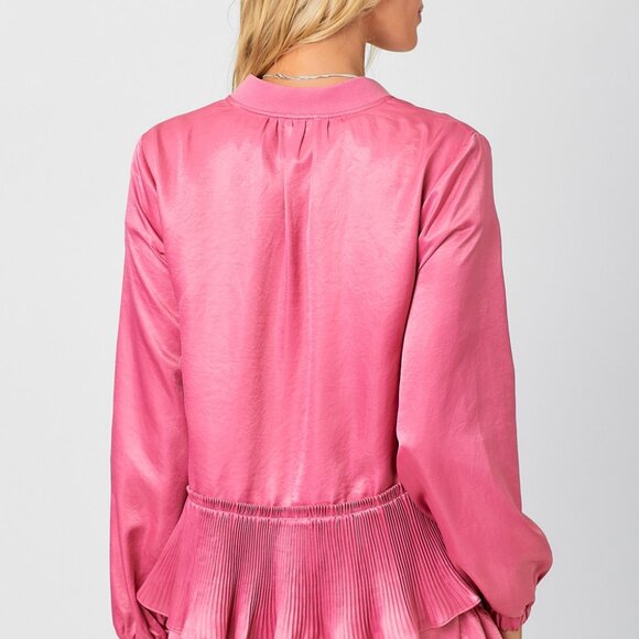 MYSTREE Pink Satin Pleated Hem Bomber Jacket - Picture 4 of 7